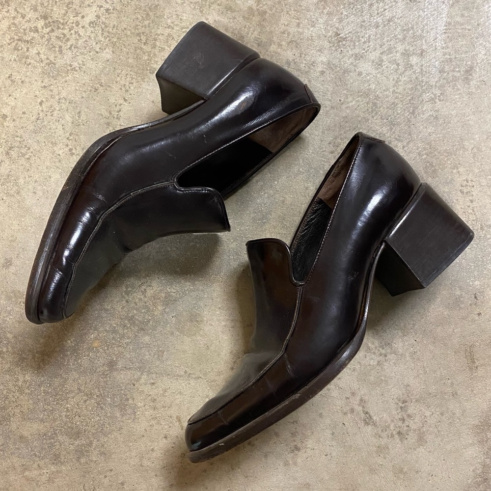 Vintage Via Spiga Pointed Block Heel Dark Burgundy Patent Leather Penny Loafer